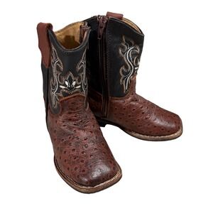 Unbranded Western Boots Kids 7 EUC‎ Brown Black Leather Ostrich Square Toe